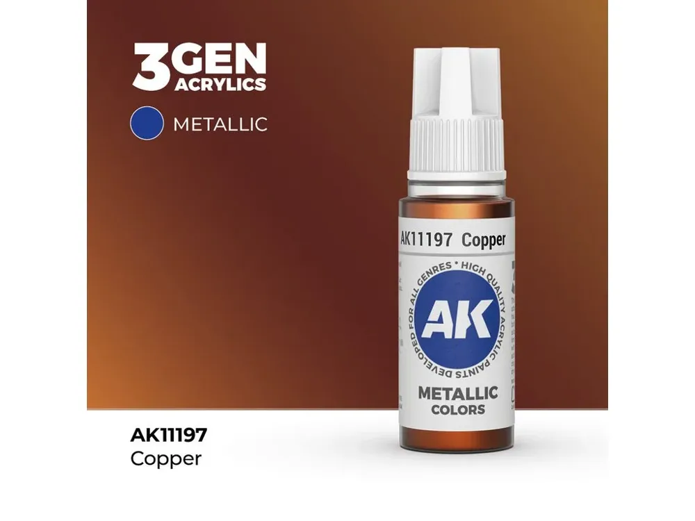 Lahvička metalické akrylové barvy AK Acrylics 3GEN AK11197 měděná (Copper) 17 ml
