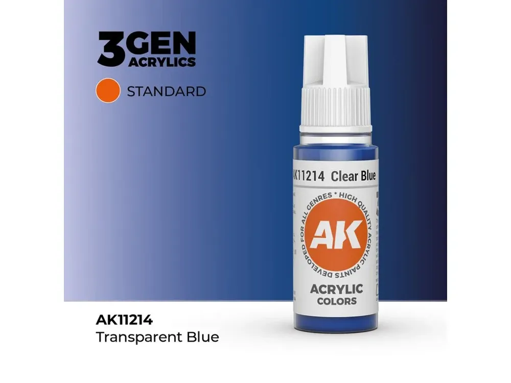Lahvička transparentní akrylové barvy AK Acrylics 3GEN AK11214 průhledná modrá 17 ml