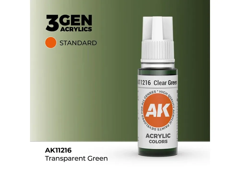 Lahvička transparentní akrylové barvy AK Acrylics 3GEN AK11216 Clear Green 17 ml