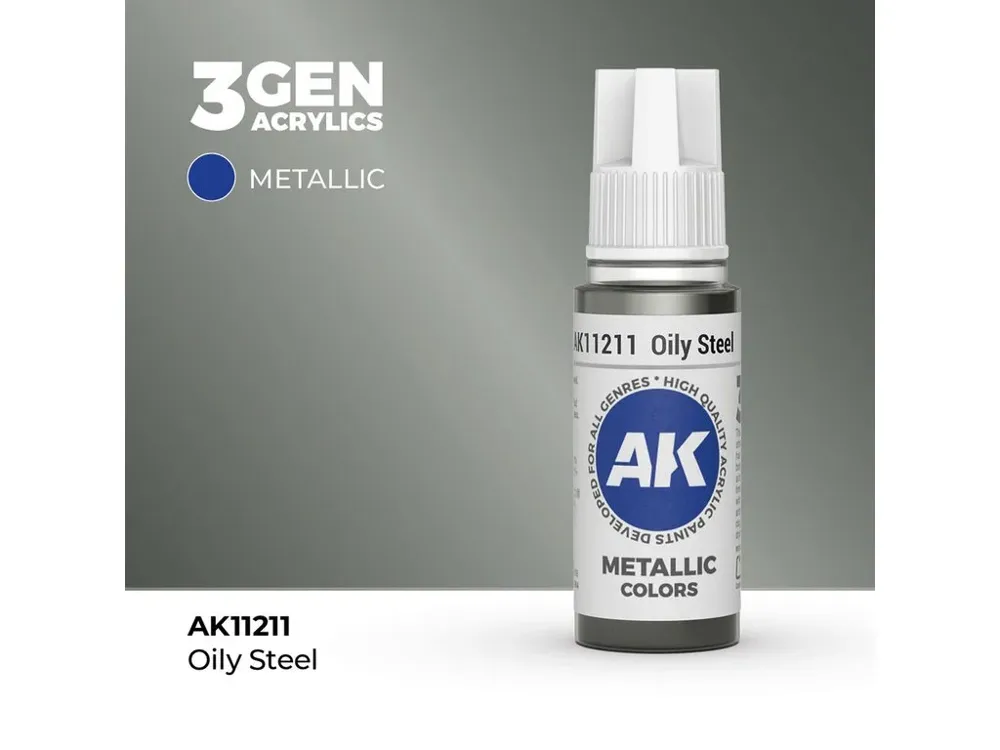 Lahvička akrylové barvy AK Acrylics 3GEN AK11211 mastná ocel (Oily Steel) 17 ml