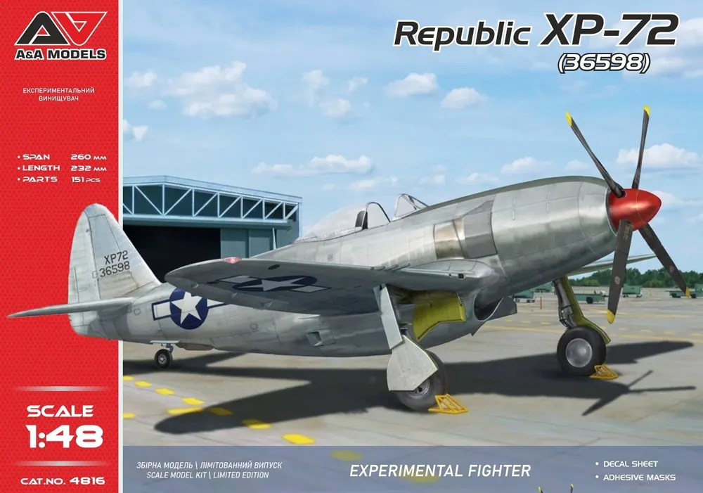 Krabice plastikové stavebnice A&A Models 1/48 XP-72 experimentální stíhačka s čtyřlistou vrtulí