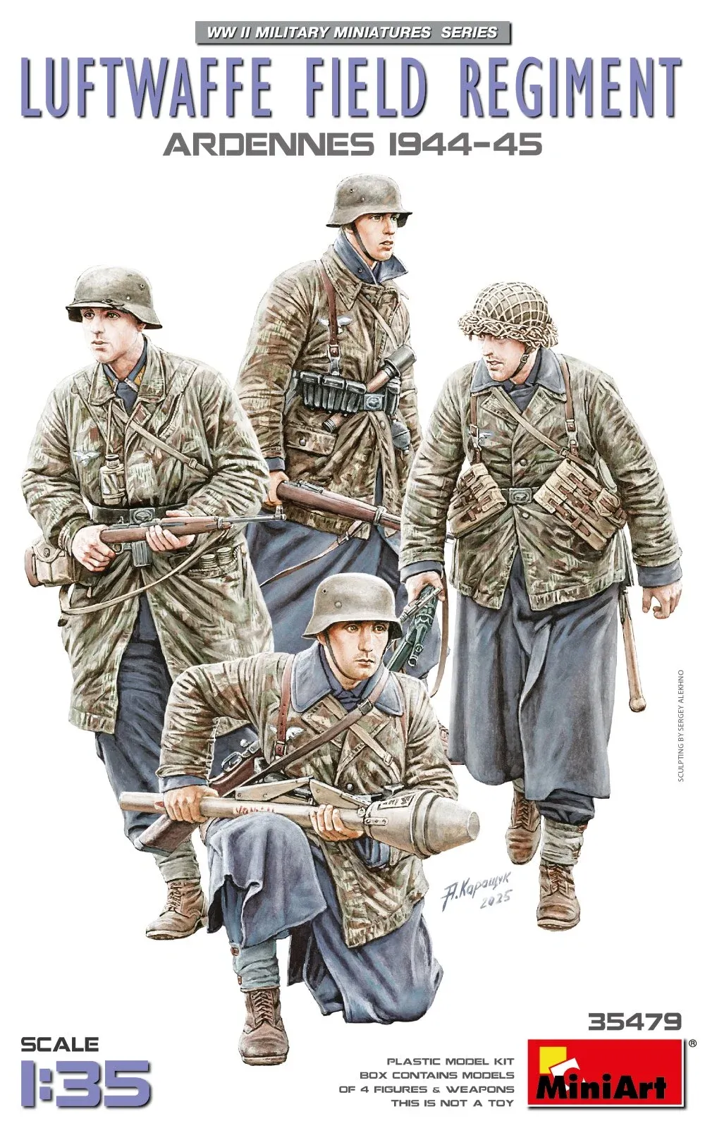 Krabice stavebnice MiniArt 35479 polní pluk Luftwaffe Ardeny 1944–45, 4 figurky v měřítku 1/35