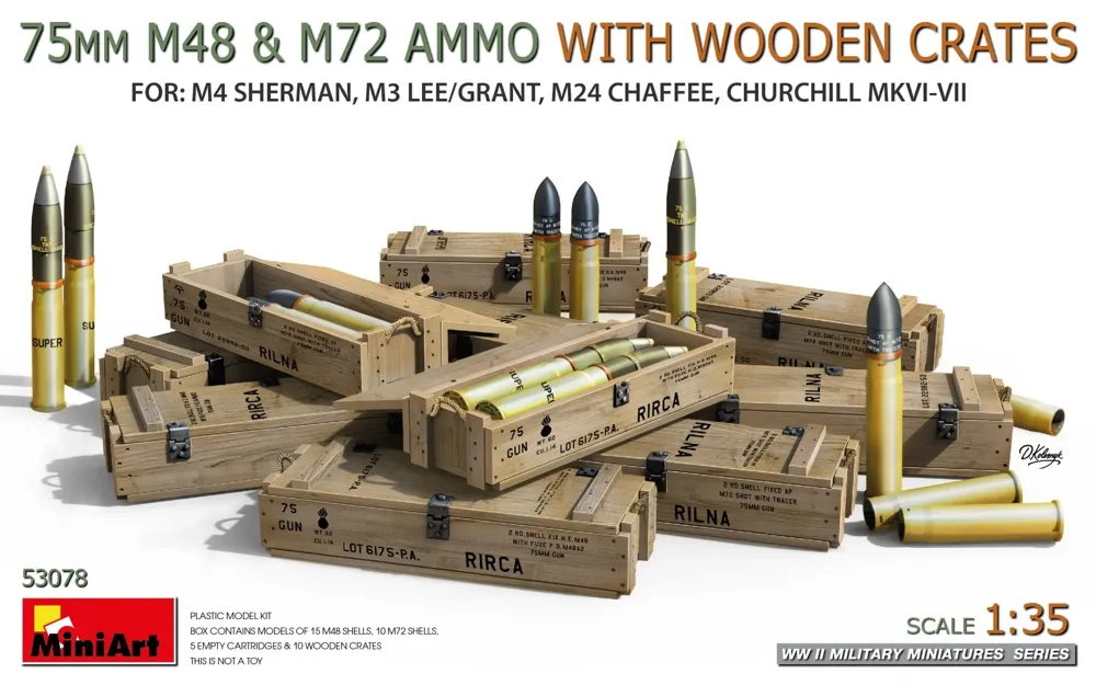 Sada MiniArt 53078 munice 75 mm M48 a M72 s dřevěnými bednami v měřítku 1/35