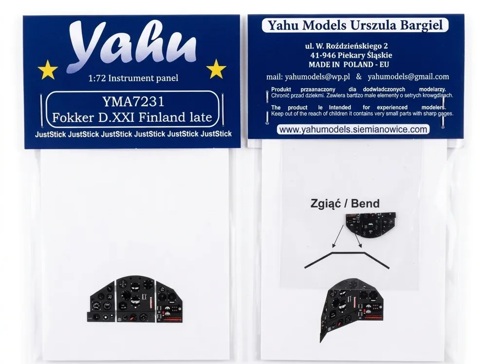 Barevná fotoleptaná přístrojová deska Yahu Models YMA7231 Fokker D.XXI Fin late v měřítku 1/72