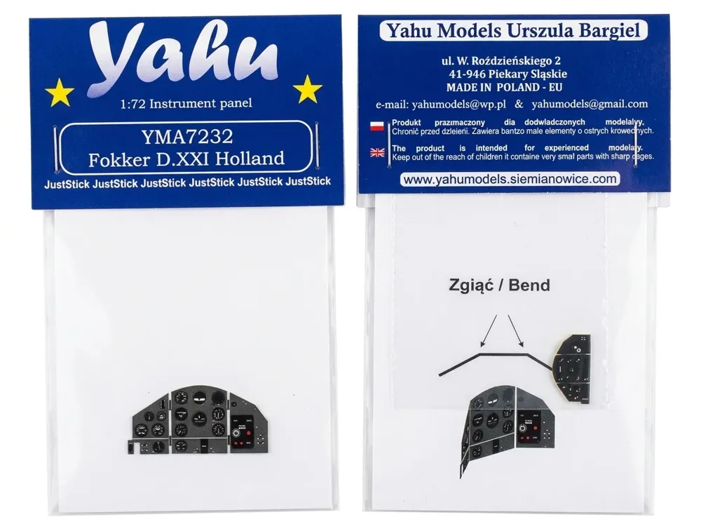 Barevná fotoleptaná přístrojová deska Yahu Models YMA7232 Fokker D.XXI Dutch v měřítku 1/72