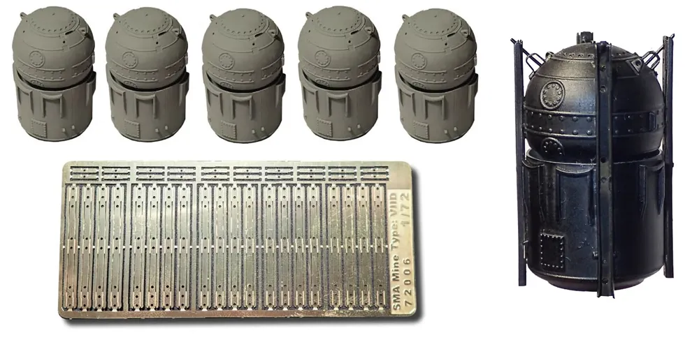 Resinové díly a fotolepty sady RCSUBS 72006 SMA miny 1/72, pět německých námořních min