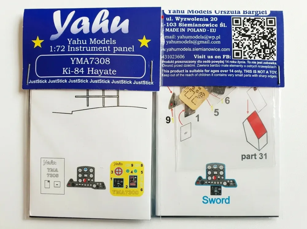 Barevný fotolept Yahu Models YMA7308 – přístrojová deska Ki-84 v měřítku 1/72