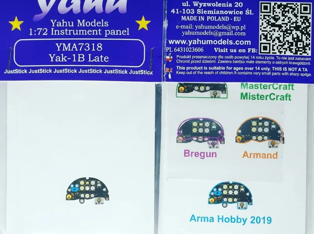 Barevný fotolept Yahu Models YMA7318 – přístrojová deska Yak-1B late v měřítku 1/72
