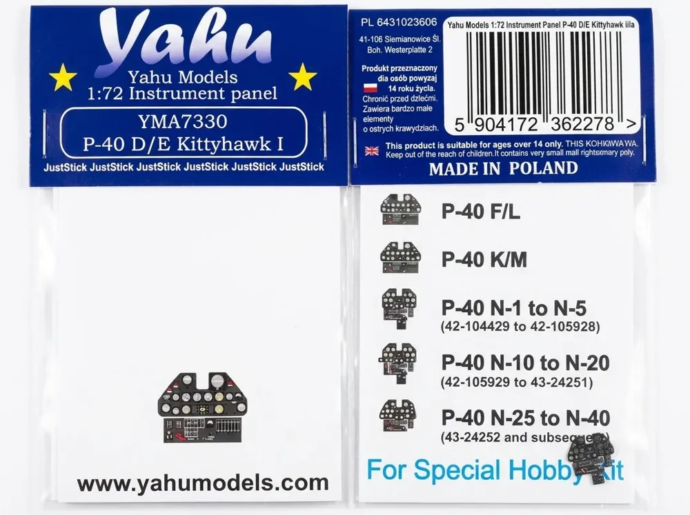 Barevná fotoleptaná přístrojová deska Yahu Models YMA7330 1/72 pro P-40 D/E Kittyhawk I/Ia