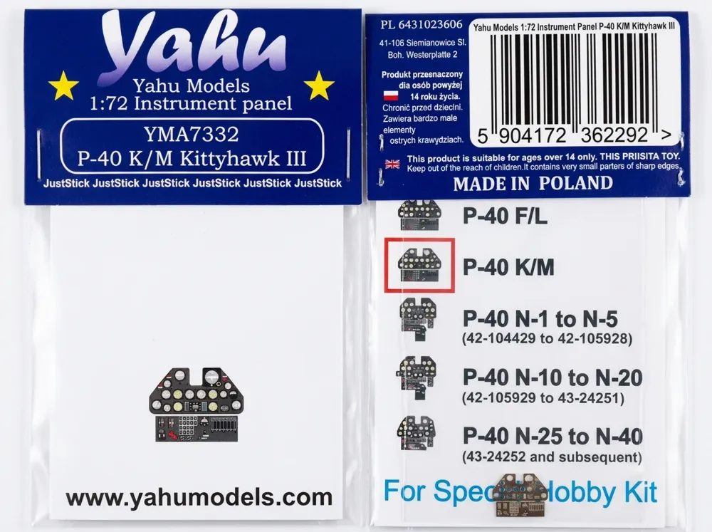 Barevná fotoleptaná přístrojová deska Yahu Models YMA7332 pro P-40 K/M Kittyhawk III 1/72