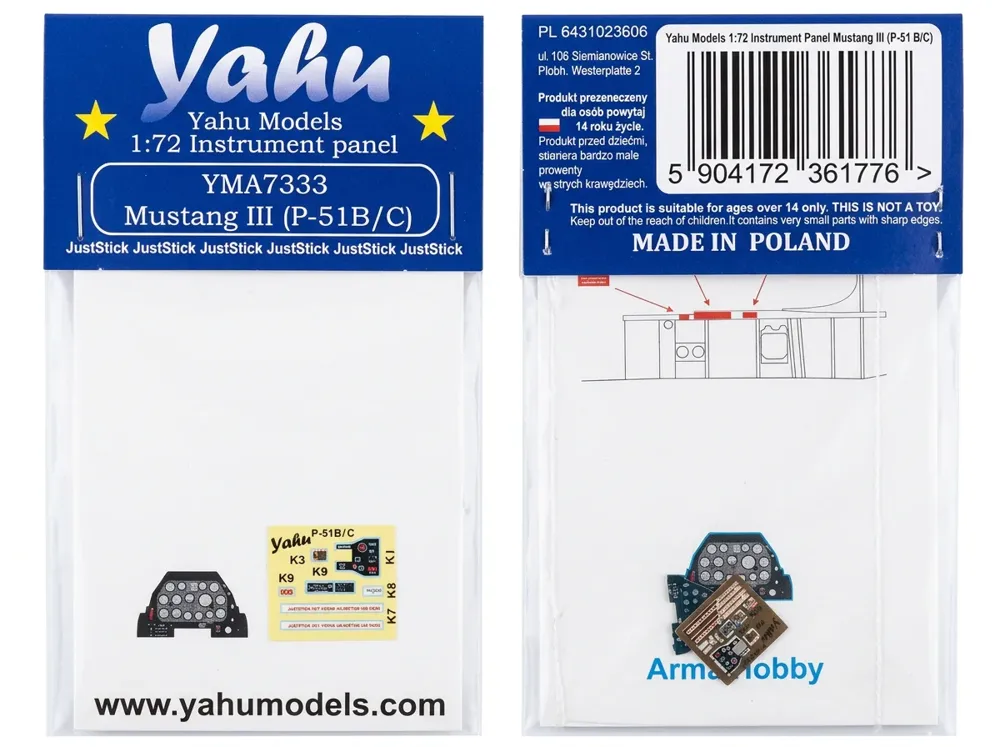 Barevná fotoleptaná přístrojová deska Yahu Models YMA7333 pro Mustang III (P-51 B/C) v měřítku 1/72