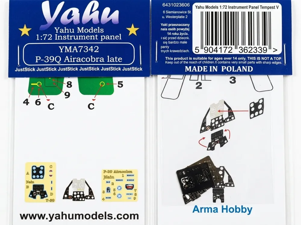 Barevná fotoleptaná přístrojová deska Yahu Models YMA7342 pro P-39 Q late v měřítku 1/72