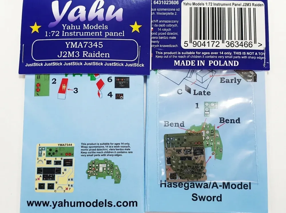 Barevná fotoleptaná přístrojová deska Yahu Models YMA7345 pro J2M3 Raiden v měřítku 1/72