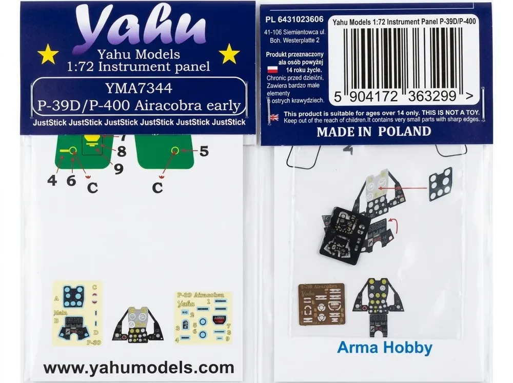 Barevný fotolept Yahu Models YMA7344 — přístrojová deska P-39 D/P-400 v měřítku 1/72