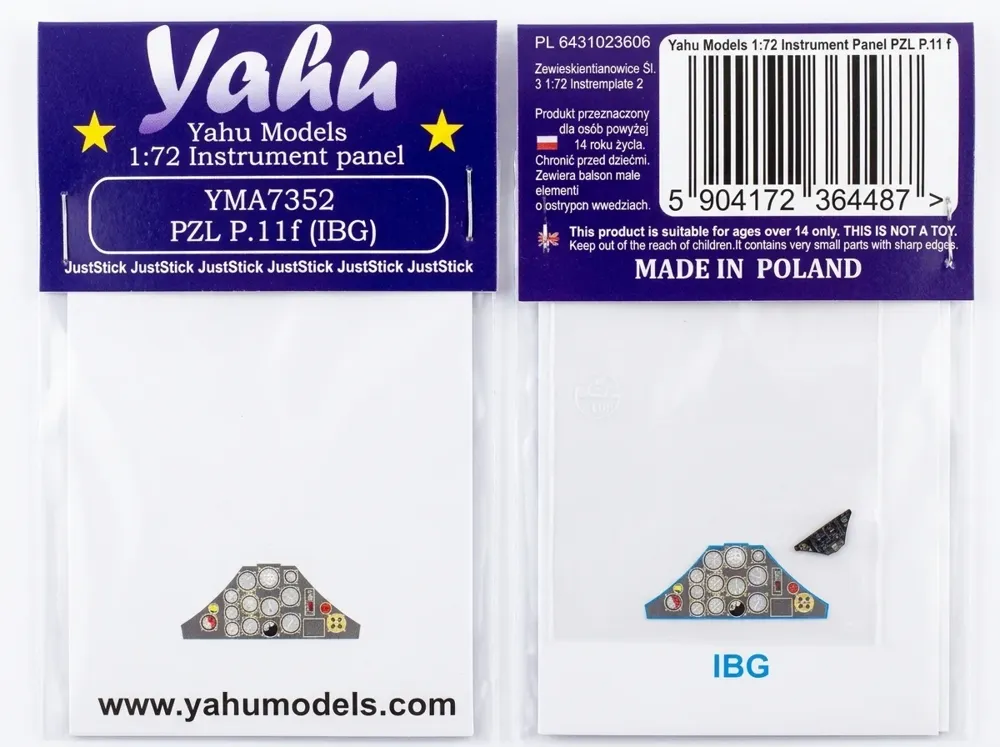 Barevná fotoleptaná přístrojová deska Yahu Models YMA7352 pro PZL P.11f v měřítku 1/72