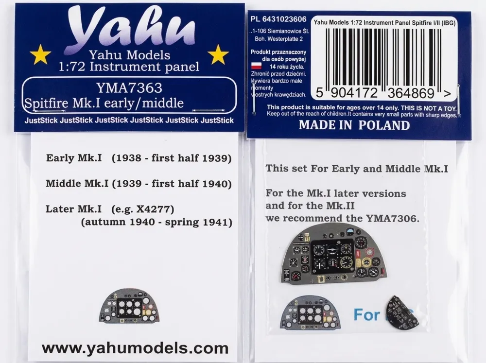 Barevný fotolept Yahu Models YMA7363 – přístrojová deska Spitfire I Early/Middle 1/72