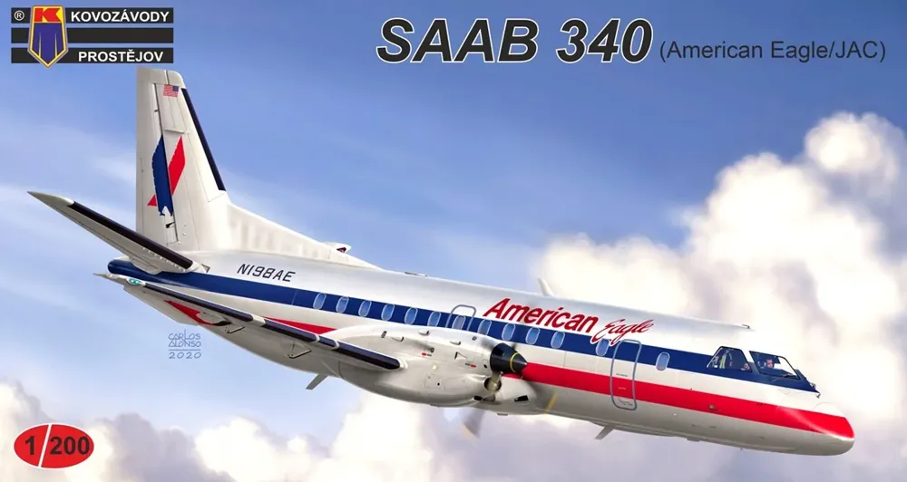 Krabice stavebnice Kovozávody Prostějov KPM2001 SAAB 340 American Eagle/JAC v měřítku 1/200