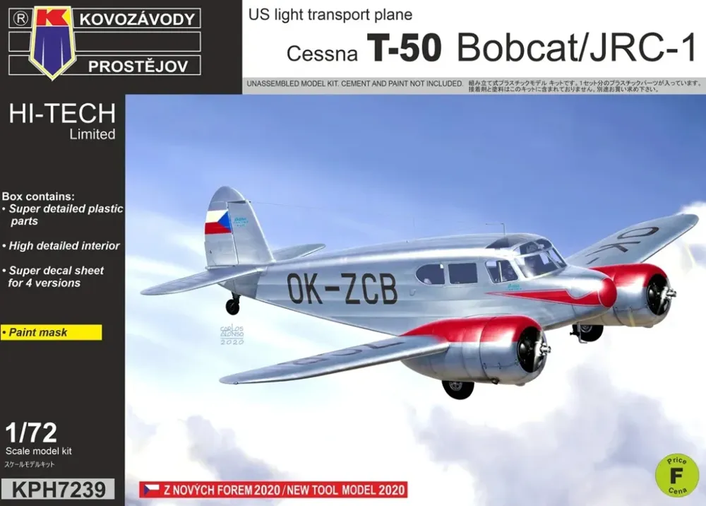 Krabice plastikové stavebnice Kovozávody Prostějov 1/72 Cessna T-50 Bobcat / JRC-1 HI-TECH