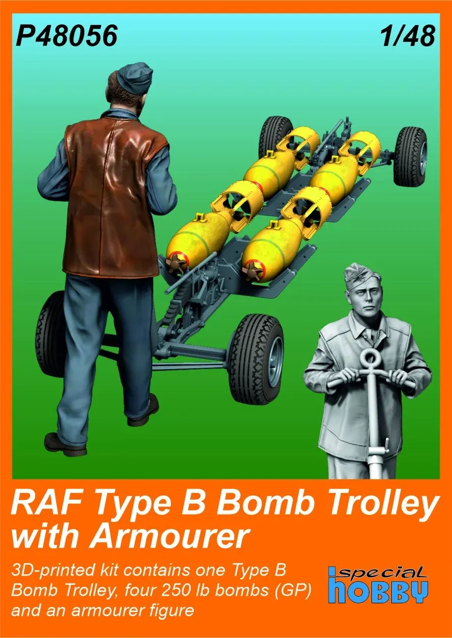 Doplněk CMK P48056 vozík na pumy RAF Type B se zbrojířem v měřítku 1/48
