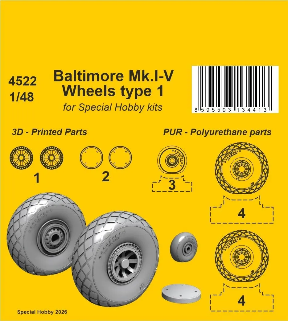 Resinová kola CMK 4522 pro Baltimore Mk.I-V v měřítku 1/48