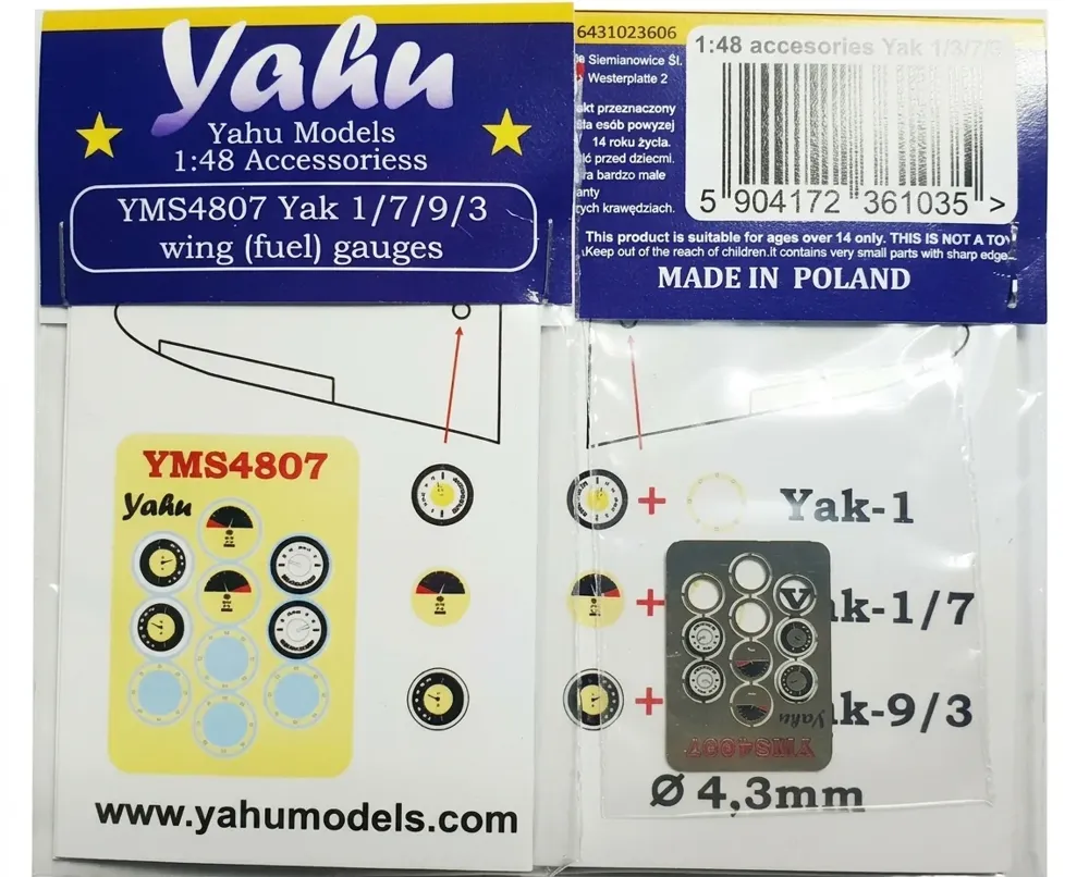 Barevně tištěná sada palivoměrů Yahu Models YMS4807 pro Yak-1/3/7/9 v měřítku 1/48