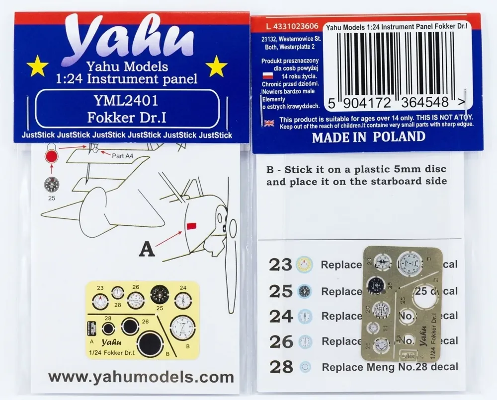 Předbarvená přístrojová deska Yahu Models YML2401 Fokker Dr.I v měřítku 1/24