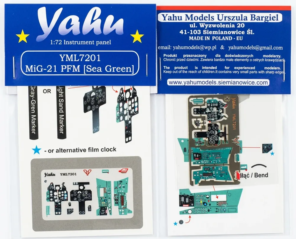 Předbarvená přístrojová deska Yahu Models YML7201 MiG-21 PFM v měřítku 1/72, odstín Sea Green