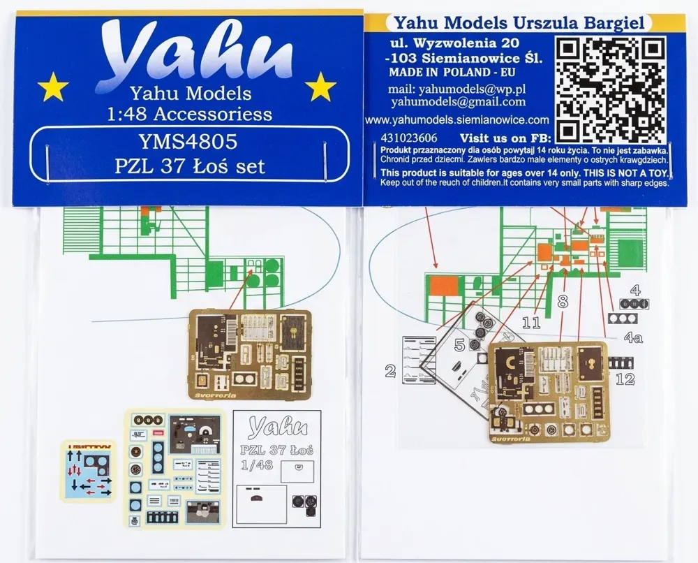 Detailní sada Yahu Models YMS4805 PZL 37 Łoś v měřítku 1/48 pro stavebnice Mirage