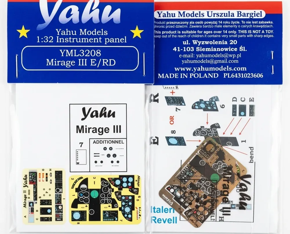 Předbarvená přístrojová deska Yahu Models YML3208 Mirage III E/R v měřítku 1/32