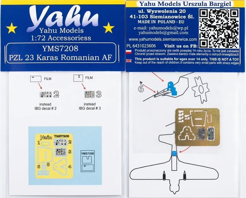 Doplňková sada Yahu Models YMS7208 PZL.23 Karaś rumunské letectvo v měřítku 1/72