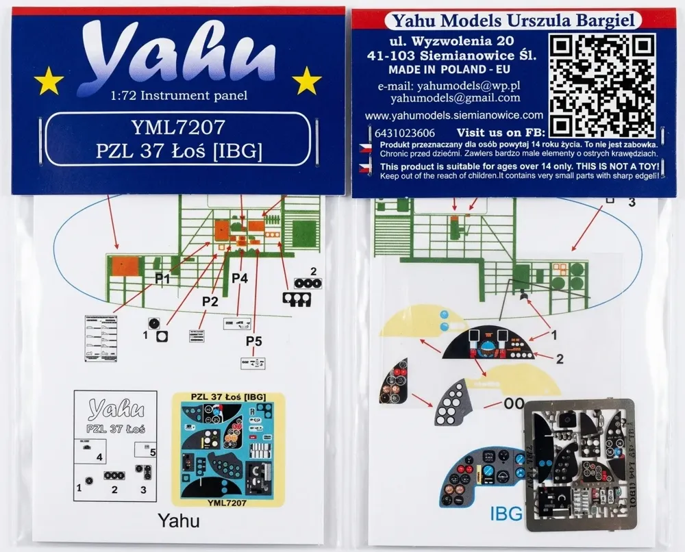 Předbarvená přístrojová deska Yahu Models YML7207 PZL 37 Łoś v měřítku 1/72