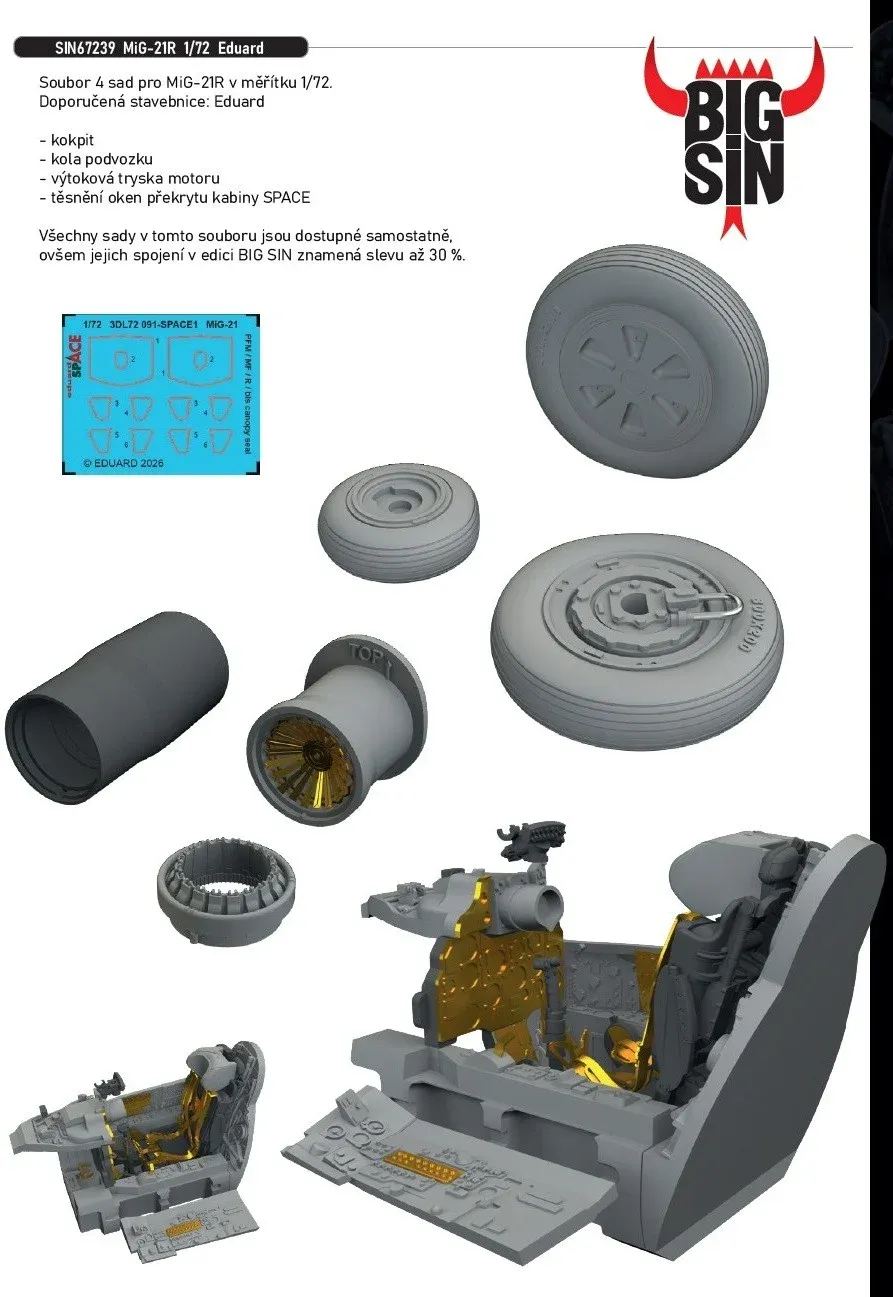 Sada doplňků Eduard SIN67239 Big Sin MiG-21R 1/72 — resinové díly a 3D obtisky Space