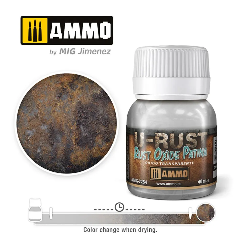 Sklenice 40 ml AMMO Mig A.MIG-2254 U-RUST rezavá oxidová patina pro efekt rezavého kovu