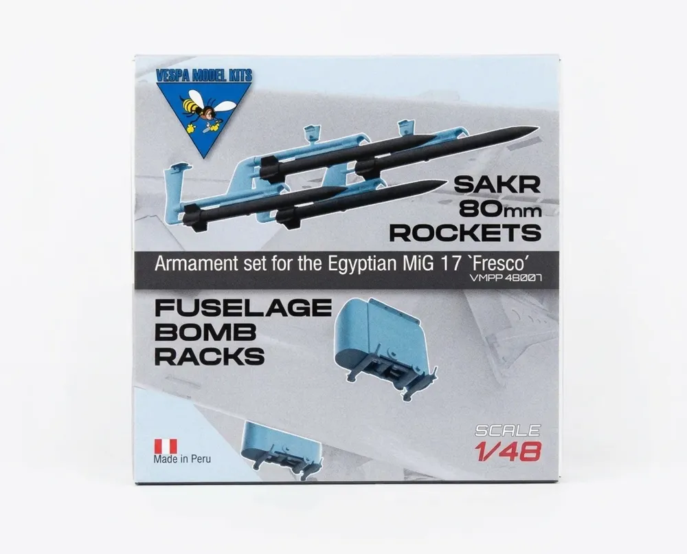 3D tištěná sada Vespa Model Kits VMKP48007 1/48 – raketové lišty SAKR a pumové závěsníky pro MiG-17F