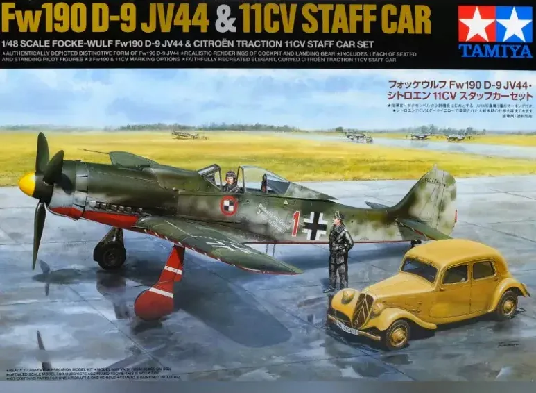 Krabice plastikové stavebnice Tamiya 25213 Fw 190D-9 JV44 a Citroën 11CV v měřítku 1/48