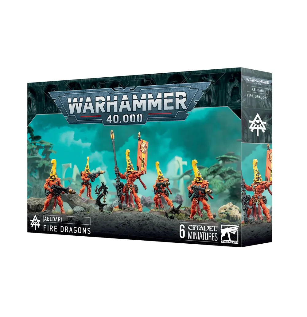 Balení stavebnice Games Workshop Aeldari: Fire Dragons pro Warhammer 40,000 s pěti plastovými miniaturami