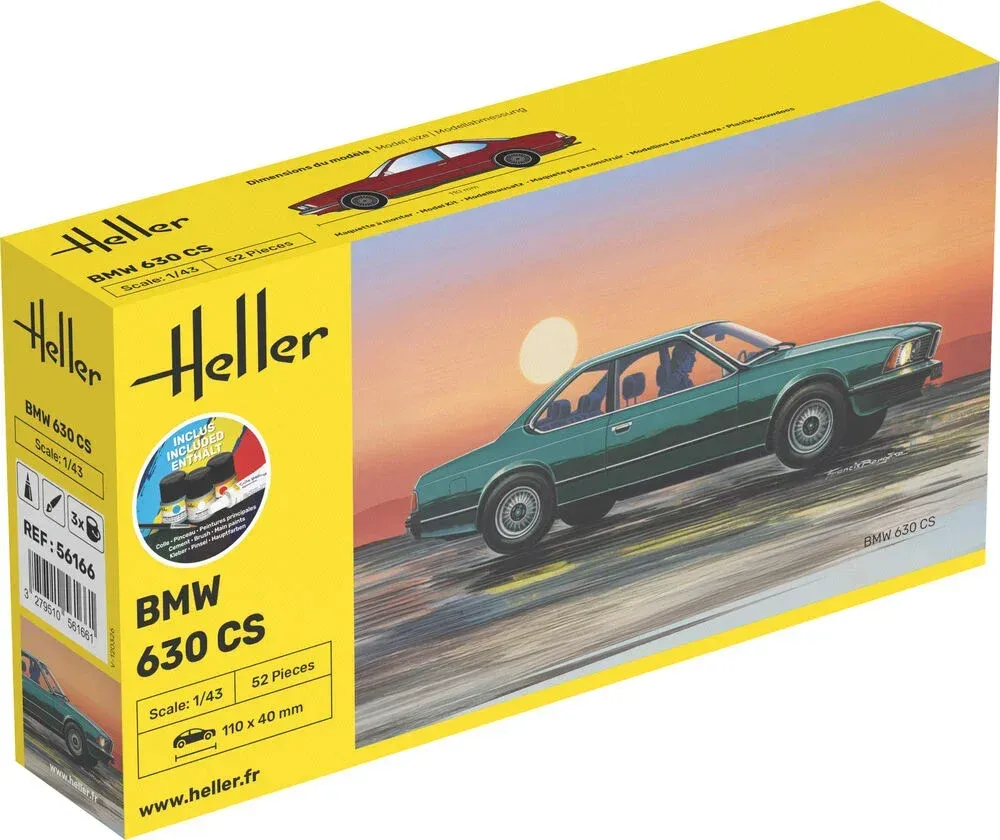 Krabice stavebnice Heller 56166 Starter Kit BMW 630 CS v měřítku 1/43 s barvami, lepidlem a štětcem