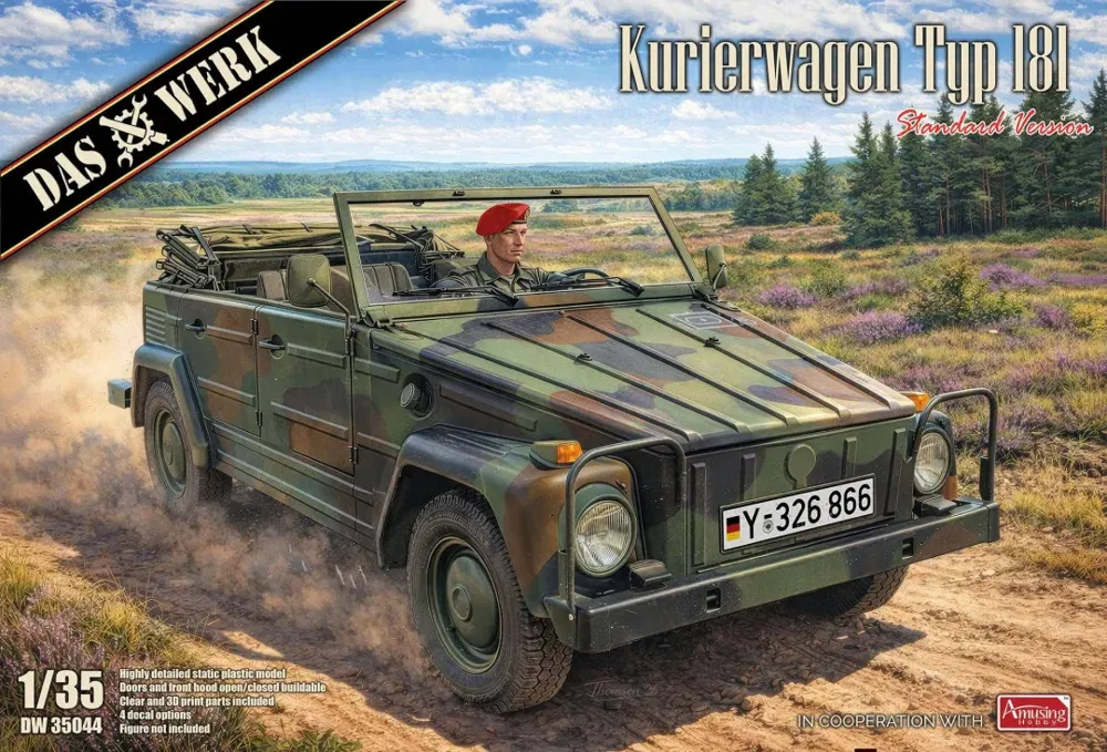 Stavebnice Das Werk DW35044 Kurierwagen Typ 181 Standard v měřítku 1/35, krabice s plastovými díly