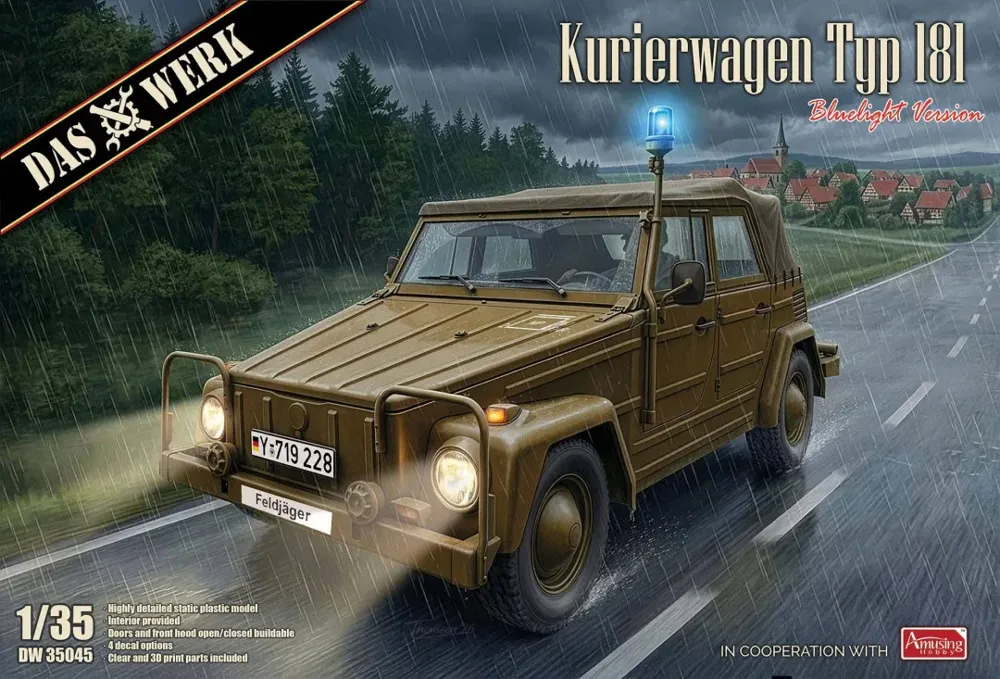 Krabice stavebnice Das Werk DW35045 Kurierwagen Typ 181 s modrým majákem v měřítku 1/35