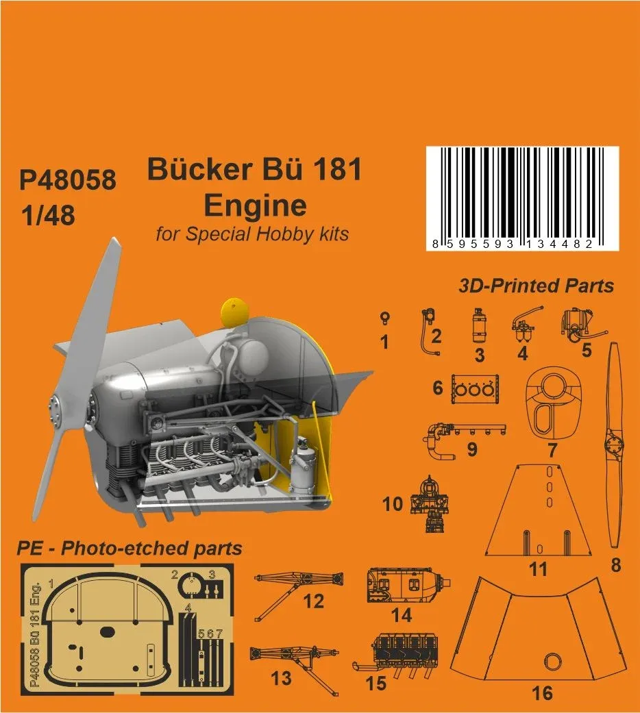 3D tištěný motor CMK P48058 pro Bücker Bü 181 Bestmann v měřítku 1/48 s planžetou fotoleptů