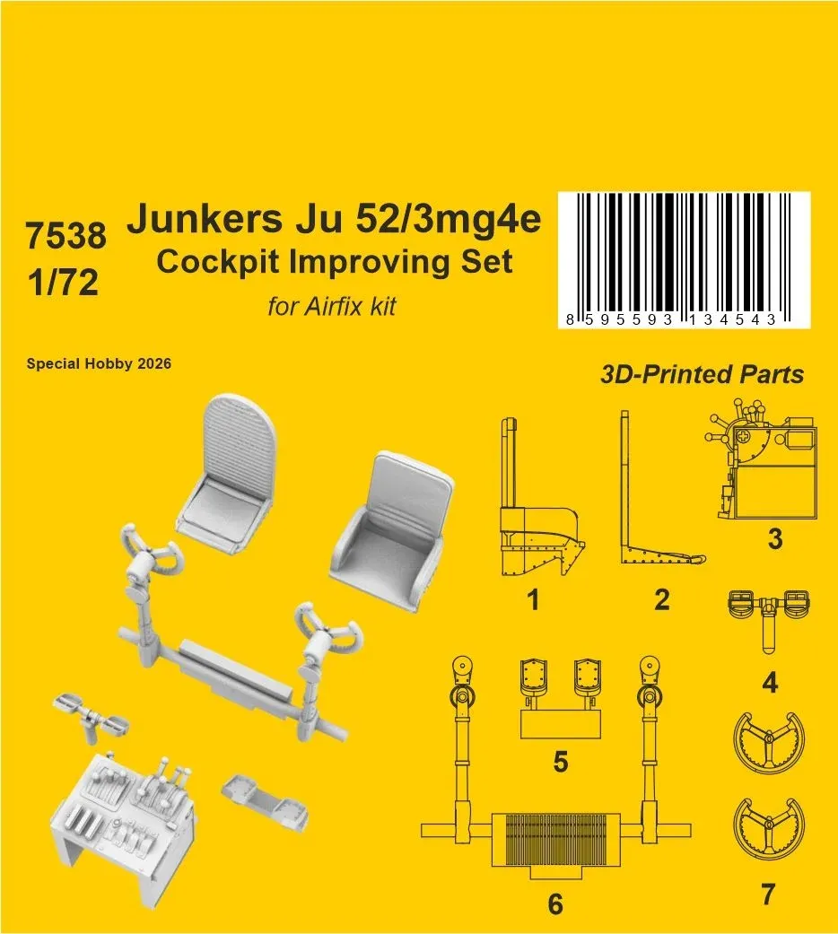 CMK 7538 3D tištěná sada kokpitu Junkers Ju 52/3mg4e v měřítku 1/72 pro stavebnici Airfix