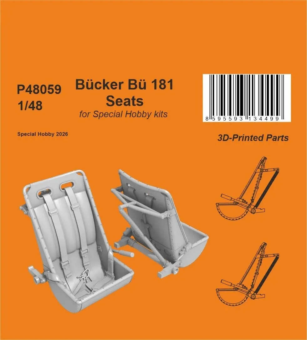3D tištěná sedadla CMK P48059 pro Bücker Bü 181 v měřítku 1/48 s vytištěnými pásy