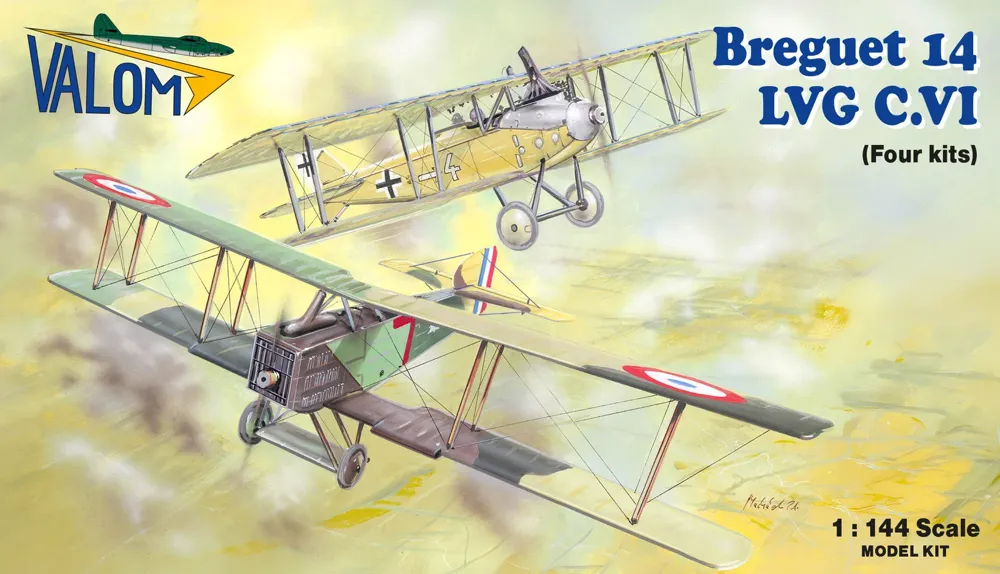 Krabice stavebnice Valom 1/144 Breguet 14 vs LVG C.VI se čtyřmi modely dvouplošníků