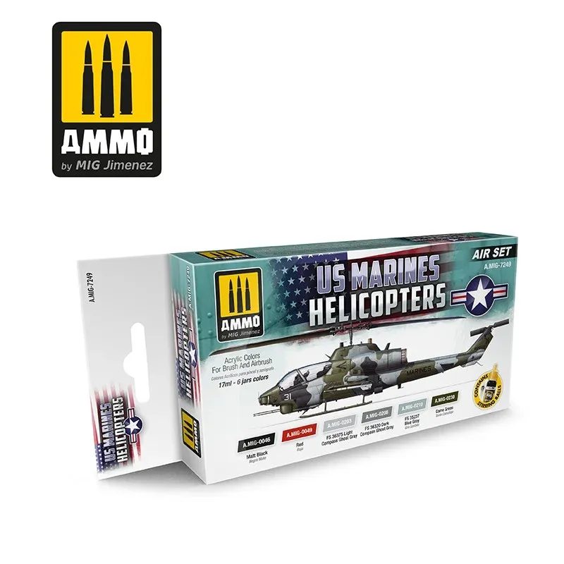 Sada akrylových barev AMMO Mig A.MIG-7249 US Marine Helicopters, šest lahviček po 17 ml