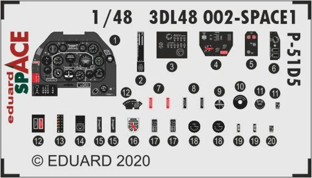 Sada Eduard SPACE 3DL48002 P-51D-5 1/48 – aršík 3D obtisků a ocelové leptané díly