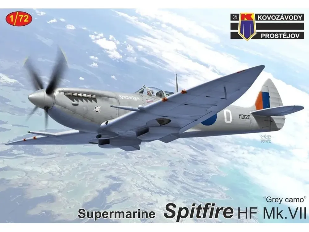 Krabice stavebnice Kovozávody Prostějov 1/72 Supermarine Spitfire HF Mk.VII v šedé kamufláži