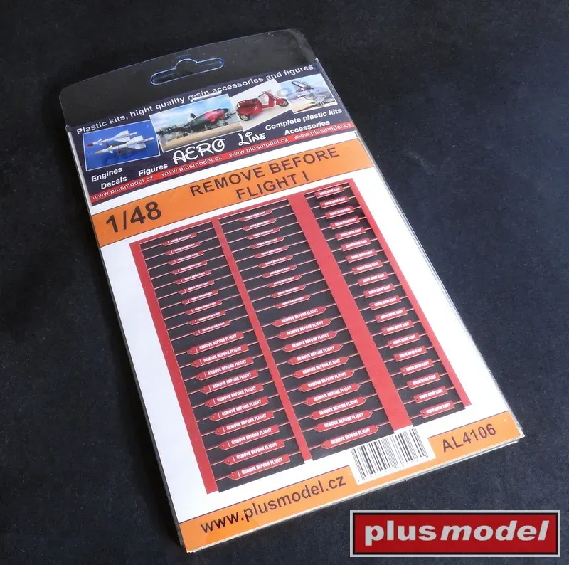 Papírový aršík Plus Model AL4106 Remove before flight I v měřítku 1/48 se stužkami pro modely letadel