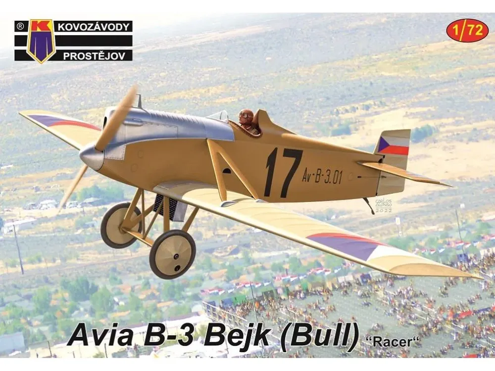 Krabice plastikové stavebnice Kovozávody Prostějov KPM0342 Avia B-3 Bejk Racer v měřítku 1/72