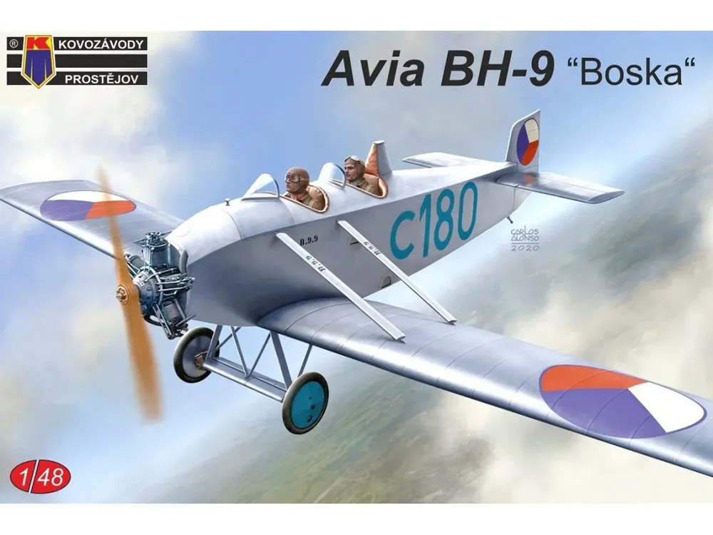 Krabice plastikové stavebnice Kovozávody Prostějov KPM4818 Avia BH-9 Boska v měřítku 1/48
