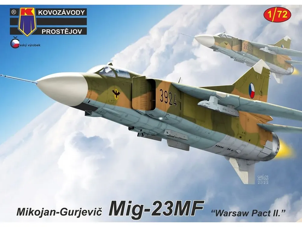 Krabice plastikové stavebnice Kovozávody Prostějov KPM0308 MiG-23MF Warsaw Pact II. v měřítku 1/72